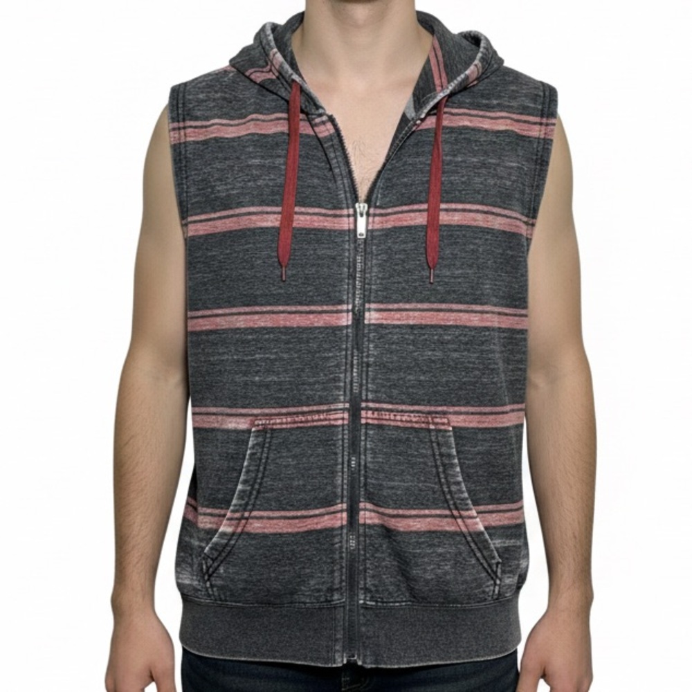 CARBON Sleeveless Hoodie Vest Full Zip‎ Striped Red Gray XXL Men's Zip Up NWOT